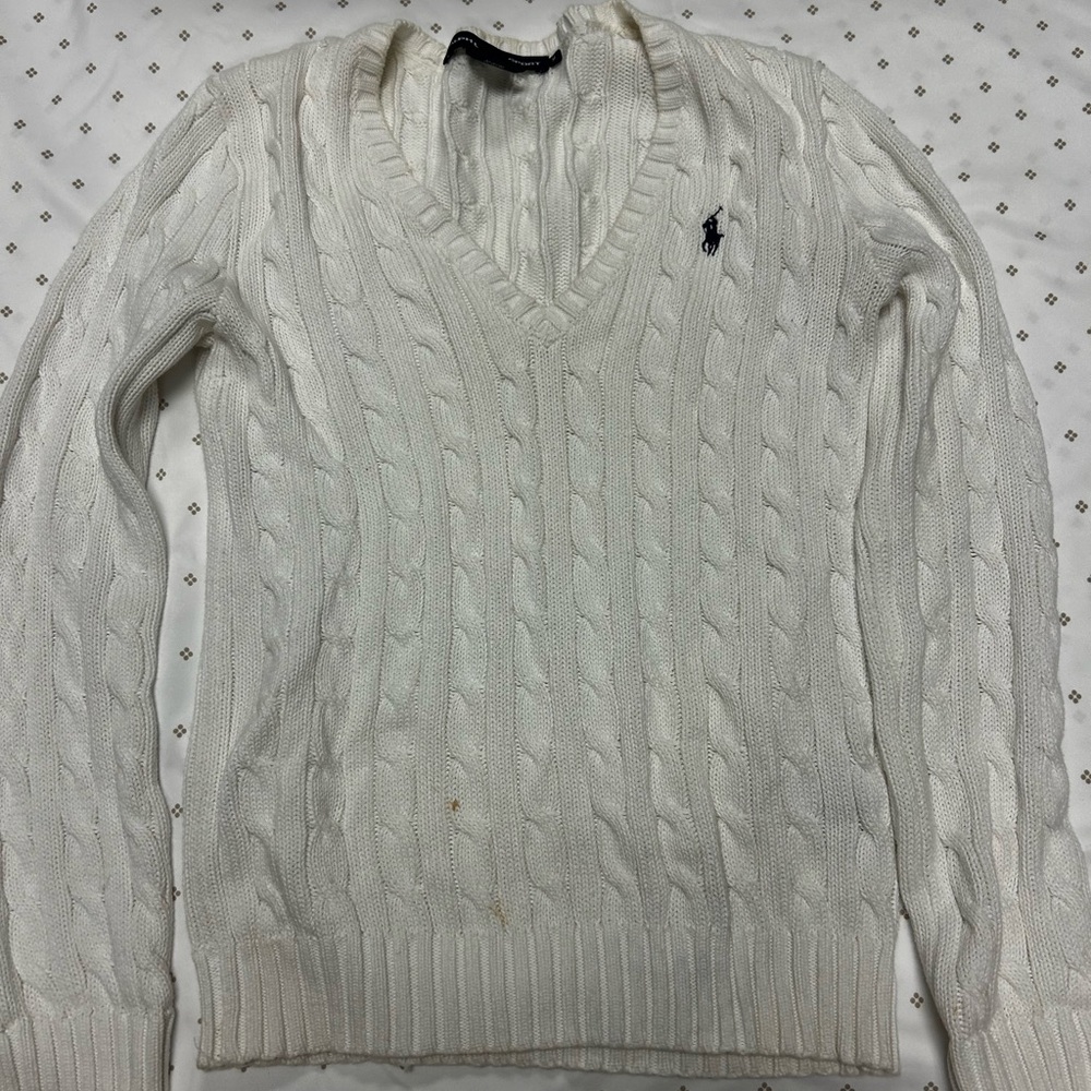 Ralph Lauren White V-Neck Cable Knit Sweater